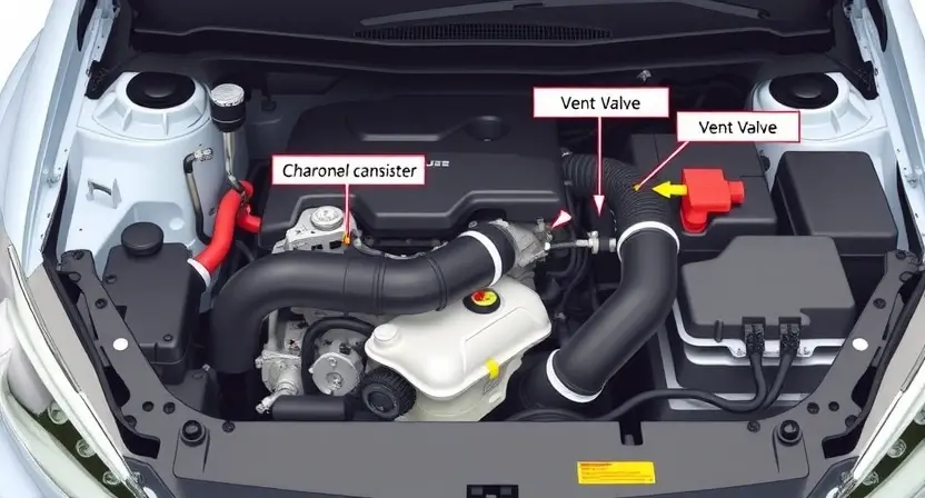 A detailed illustration of a car's engine bay, focusing on the evaporative emissions (EVAP) system components. Highlight the charcoal canister, vent valve, and associated hoses. Use clear, bright colors to differentiate parts. The engine should be clean and well-lit.