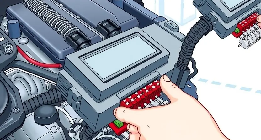 A detailed illustration of an automotive engine control unit (ECU) relay being inspected with diagnostic equipment. The focus is on the relay itself, highlighting its physical components and connections. The diagnostic equipment should be clearly visible, showing its interface and connection to the relay. The background should be a clean, technical environment, possibly a workshop or laboratory.