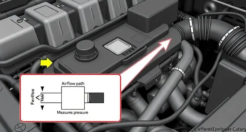 A close-up illustration of a car's engine bay, highlighting the Mass Airflow Sensor (MAP sensor). The sensor should be clearly visible, with arrows pointing to its location and connections. Include a simplified diagram showing the airflow path and how the MAP sensor measures pressure. Focus on the sensor's physical appearance and its integration within the engine system.