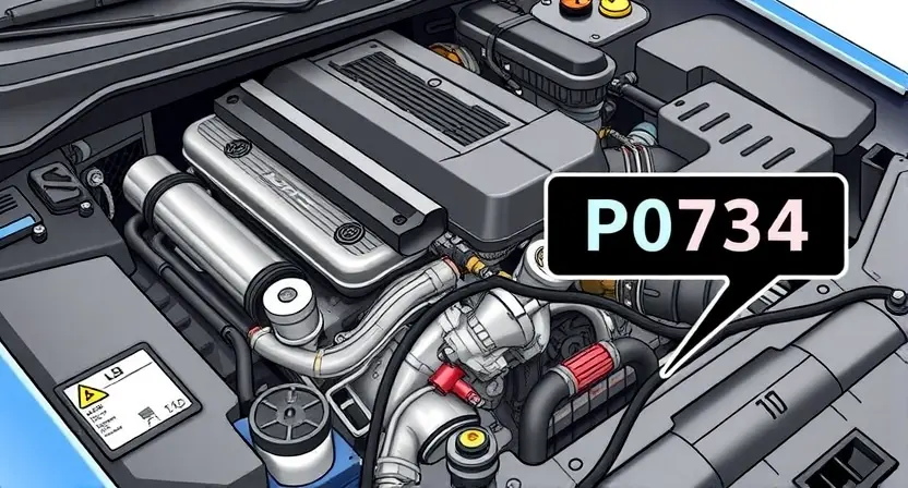 A detailed illustration of a car engine with a diagnostic code P0734 highlighted. The engine should be realistically rendered, showing various components like the catalytic converter, exhaust manifold, and sensors. The diagnostic code P0734 should be clearly displayed on a digital display near the engine, with a visual representation of the issue (e.g., a check engine light illuminated).
