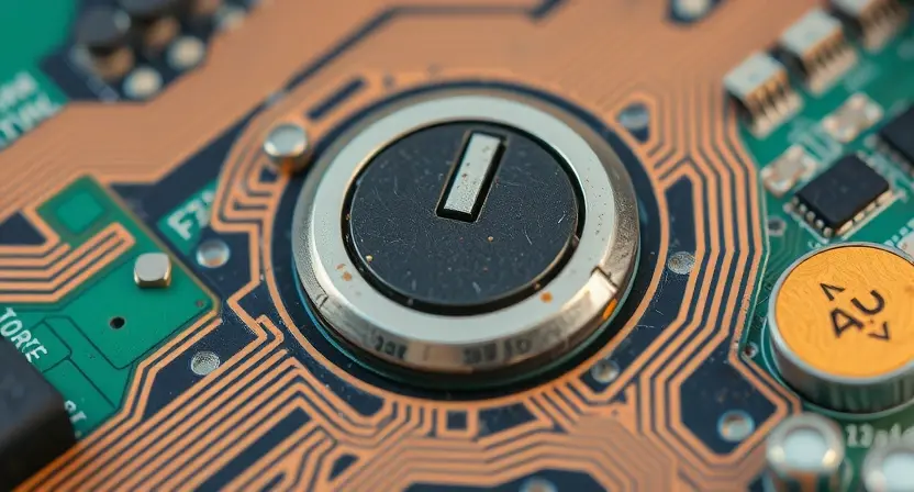 A detailed, high-resolution image of a circuit board with a close-up view of a power button. The button is slightly worn and shows signs of age or damage. The surrounding circuitry is visible, with traces of corrosion or discoloration. Focus on the button's physical condition and the potential wear and tear.
