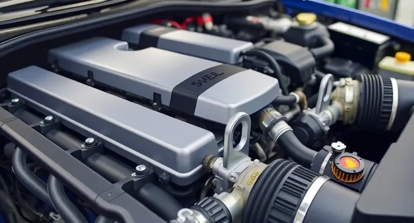 A close-up, detailed illustration of a car's engine bay. Focus on the fuel rail and associated components. The engine should appear clean and well-maintained. Subtle visual cues indicating a potential fuel system issue (e.g., a slightly discolored connector, a faint shadow suggesting a leak) are acceptable but should not be overly dramatic. The overall lighting should be bright and professional, highlighting the engine parts. The background should be blurred, suggesting a garage environment.