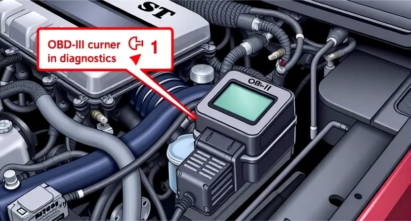 A detailed illustration of a car's engine bay, highlighting the OBD-II port and a diagnostic tool connected to it. The engine should be partially visible, showing various components like hoses, wires, and sensors. Focus on the area around the port to emphasize the diagnostic process.