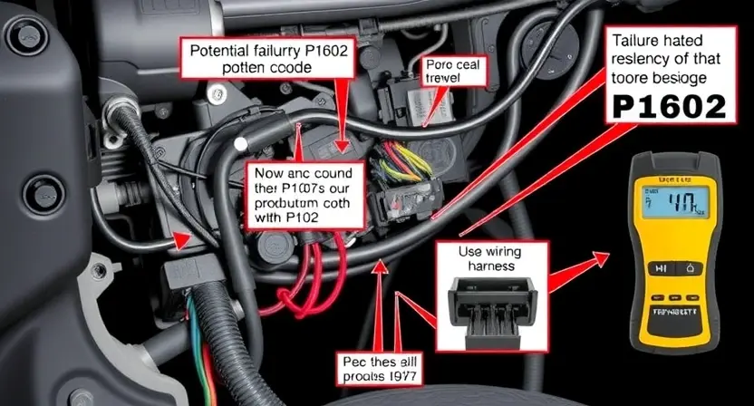 A detailed illustration of an automotive electrical system with a focus on wiring and connectors. Highlight potential points of failure related to a P1602 error code. Include visual representations of the wiring harness and diagnostic tools.