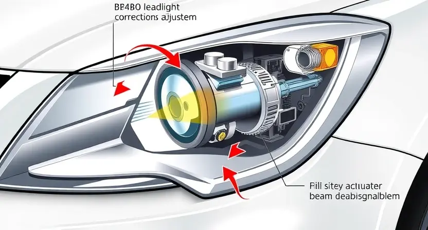 A detailed illustration of a car headlight assembly, highlighting the B24B0 component and its connection to the headlight correction system. Show the internal workings of the headlight, with arrows indicating the flow of electrical signals and mechanical adjustments. Focus on the electronic control unit and the actuators responsible for beam adjustment.