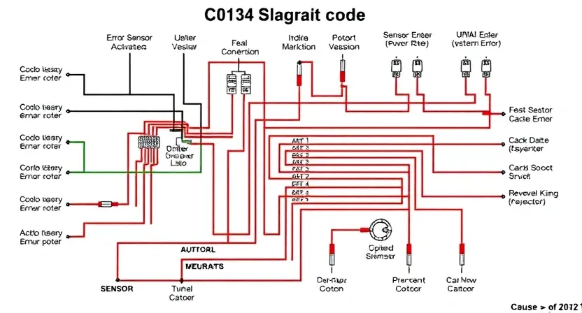 A detailed schematic diagram illustrating the C0134 error code in a vehicle's engine control unit (ECU). The diagram should show the relevant sensors, actuators, and wiring related to the error. Include visual cues indicating potential causes, such as a faulty sensor or a wiring issue. The image should be clean, professional, and easy to understand.