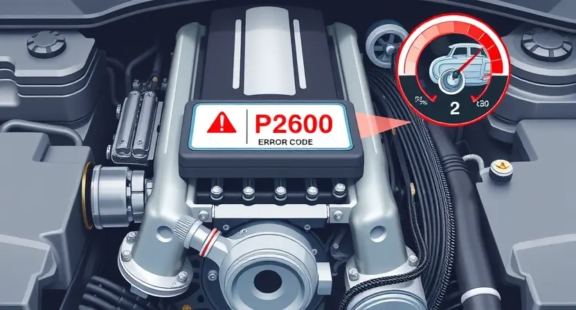 A detailed illustration of a car engine with a highlighted error code P2600 displayed on a digital dashboard. The engine should be realistically rendered, showcasing various components like pistons, valves, and belts. The dashboard should be modern and clearly show the error code.