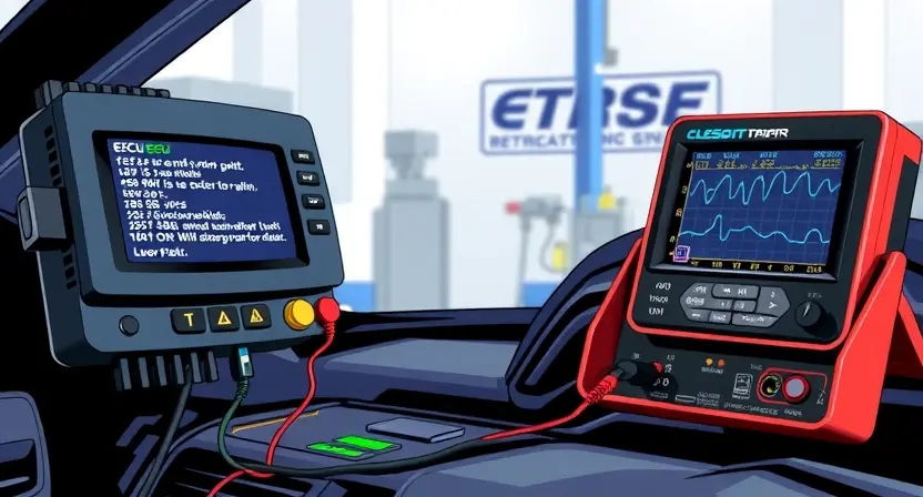A detailed illustration of a car's engine control unit (ECU) with various diagnostic tools connected. Focus on the ECU's display showing error codes, and a multimeter or oscilloscope displaying relevant data. The background should be a clean, professional workshop environment.