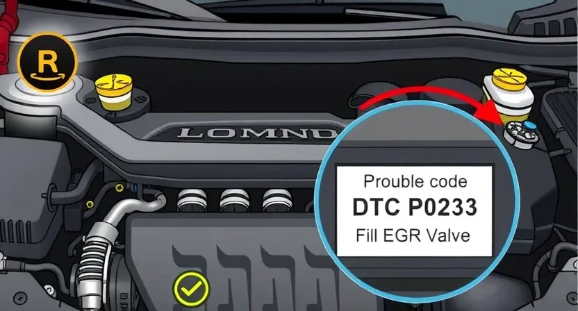A detailed illustration of a car's engine bay with a check engine light illuminated. Focus on the diagnostic trouble code (DTC) P0223 displayed on a dashboard screen. Include visual cues representing the issue, such as a partially filled or malfunctioning EGR valve.