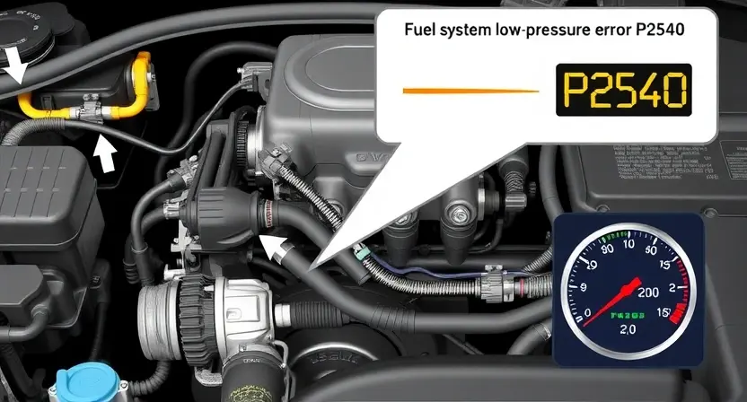 A detailed illustration of a fuel system low-pressure error (P2540) diagnostic process. Show a car engine with various components like fuel pump, fuel injectors, fuel pressure regulator, and fuel lines. Highlight the error code P2540 displayed on a diagnostic tool. Include visual cues representing low fuel pressure, such as a pressure gauge reading below the normal range. The image should be informative and visually clear, depicting the components and the error code in a way that is easily under