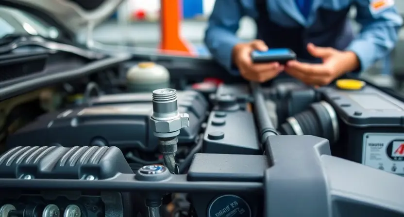 A close-up, detailed image of a car engine bay with a mechanic inspecting the engine. Focus on the engine coolant temperature sensor and surrounding components. The engine should appear clean and well-maintained. The mechanic should be wearing professional attire and using diagnostic tools. The background should be slightly blurred, emphasizing the engine and the mechanic's work. The overall lighting should be bright and professional, highlighting the details of the engine components.