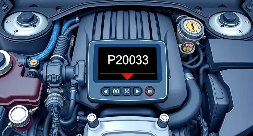 A high-quality technical illustration showing a car engine with a diagnostic scanner displaying error code P2003, surrounded by relevant automotive parts and symbols, clean background, professional lighting