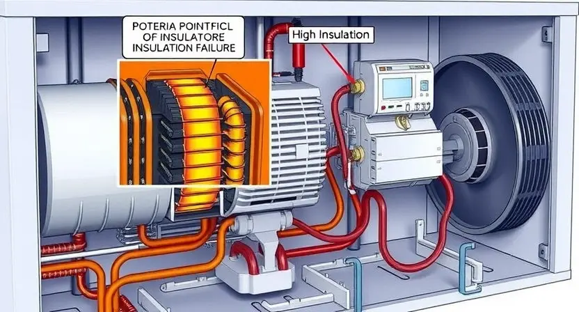 A detailed technical illustration of an air conditioning compressor circuit, highlighting the insulation within the high-voltage section. Show a cross-section revealing potential points of insulation failure. Focus on the electrical components and wiring within the compressor unit.