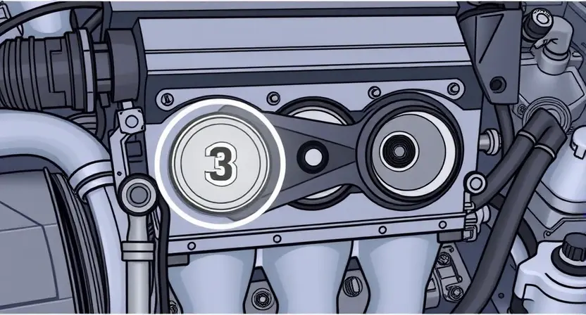 A detailed illustration of an engine block with a highlighted cylinder #3, showing a visual representation of a misfire or imbalance. Include subtle visual cues indicating a potential issue, such as a slightly uneven spark plug or a faint visual distortion around the cylinder. The background should be a clean, technical environment.