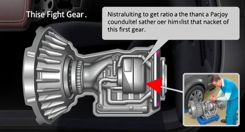 A detailed illustration of a car's transmission system, specifically highlighting the first gear and the potential issue of a miscalculated gear ratio. Include visual cues representing the symptoms of a P0731 code, such as a warning light on the dashboard and a mechanic inspecting the transmission.