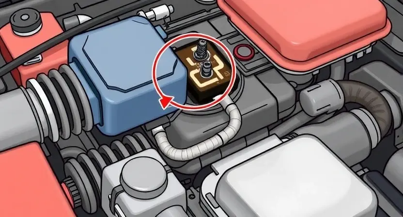 A detailed illustration of a car engine with a focus on the pre-start heater relay. The relay should be highlighted or marked to indicate its location within the engine compartment. The image should depict the relay in a state that suggests a malfunction, such as a burnt or damaged component. The surrounding engine parts should be clearly visible to provide context for the relay's position and function.