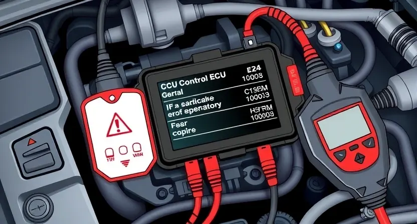 A detailed illustration of a car's engine control unit (ECU) with various diagnostic tools connected. Focus on the ECU's display showing error codes, and surrounding components like sensors and wiring harnesses.