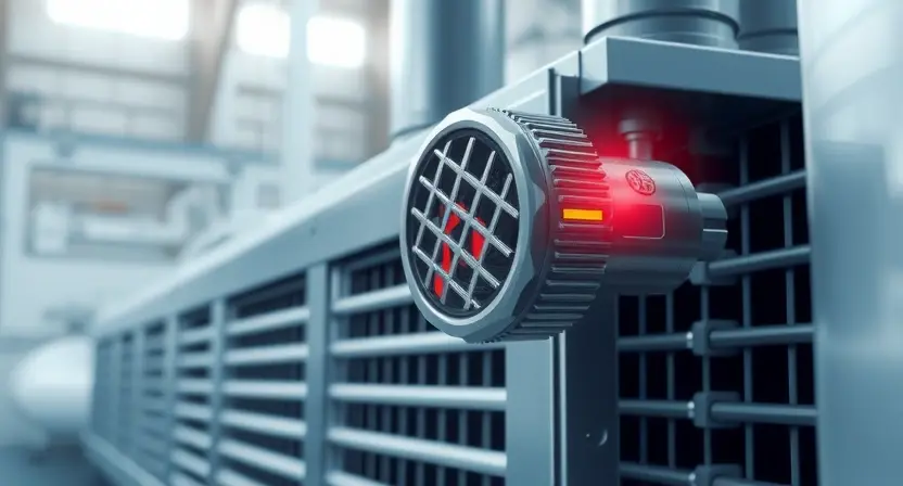 A close-up, detailed illustration of a heat exchanger with a temperature sensor. The sensor should be clearly visible, connected to the heat exchanger's surface. Include visual indicators suggesting a temperature reading, such as subtle color gradients or glowing elements around the sensor. The background should be a slightly blurred industrial setting, hinting at a recovery system. Focus on the sensor and its connection to the heat exchanger.