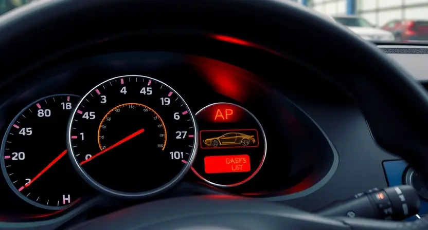 A detailed illustration of a car dashboard with a warning light illuminated, specifically indicating a problem with the body height sensor signal. The dashboard should show relevant gauges and indicators, highlighting the warning light. The car's exterior should be subtly visible in the background, suggesting a car in a garage or workshop setting.