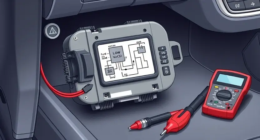 A detailed technical illustration showing a car's steering control module with visible low voltage warning indicators, schematic diagrams of electrical circuits, and maintenance tools like multimeters and screwdrivers arranged neatly beside it, all rendered in a clean, professional style suitable for automotive repair documentation