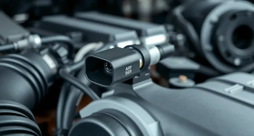 A close-up of a car's engine bay, focusing on the mass airflow sensor (MAF sensor). The sensor should be clearly visible, with surrounding engine components blurred in the background. The overall lighting should be bright and clean, highlighting the sensor's details.