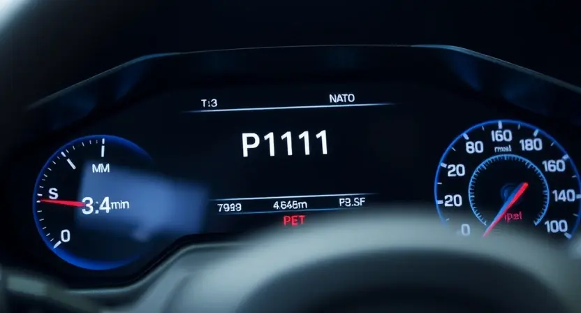 A close-up, detailed shot of a car's dashboard displaying a diagnostic screen. The screen should clearly show the code "P1111" highlighted. The background should be slightly blurred, focusing attention on the dashboard and the code. The car interior should be modern and clean.