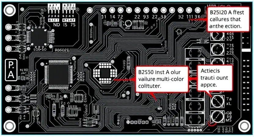A detailed schematic diagram of a background multi-color lighting controller circuit board. The diagram should clearly show the components, connections, and potential points of failure related to the B2520 error. Include annotations highlighting the B2520 error and potential troubleshooting steps.