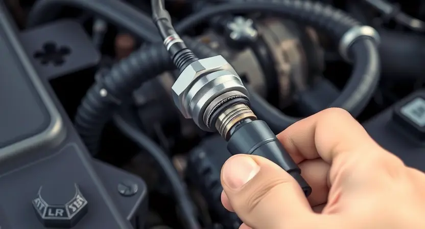 A close-up, detailed illustration of an oxygen sensor being inspected in a car engine bay. The sensor should be clearly visible, along with some surrounding engine components like hoses and wires. Focus on the sensor's physical appearance and connections. The background should be slightly blurred to emphasize the sensor. The overall lighting should be bright and realistic, showcasing the details of the sensor.