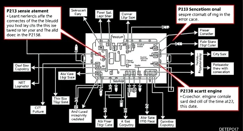 A detailed schematic diagram of a car's engine control unit (ECU) with highlighted components related to the P2138 error code. The diagram should show the relevant sensors, actuators, and wiring connections. Focus on the system's data flow and potential points of failure.