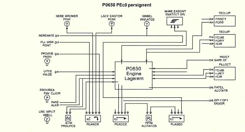 A detailed schematic diagram illustrating the P0650 error code in a vehicle's engine control unit (ECU). The diagram should show the relevant sensors, actuators, and wiring related to the code, with clear labels and connections. Include a visual representation of the error code itself.