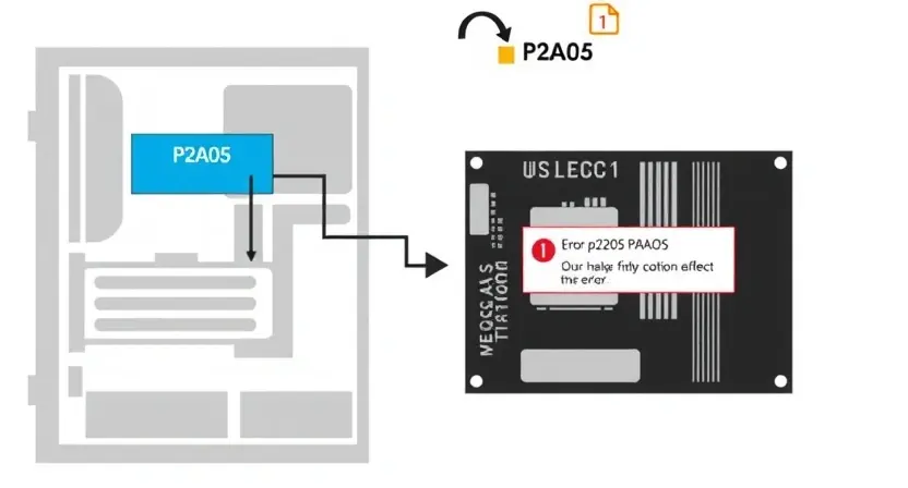 A detailed diagram illustrating the P2A05 error in a computer system. The diagram should show the affected components (e.g., memory, CPU, motherboard) and the flow of data leading to the error. Use clear visual cues like arrows and highlighted areas to indicate the problem. The overall aesthetic should be clean and technical, suitable for a troubleshooting guide.