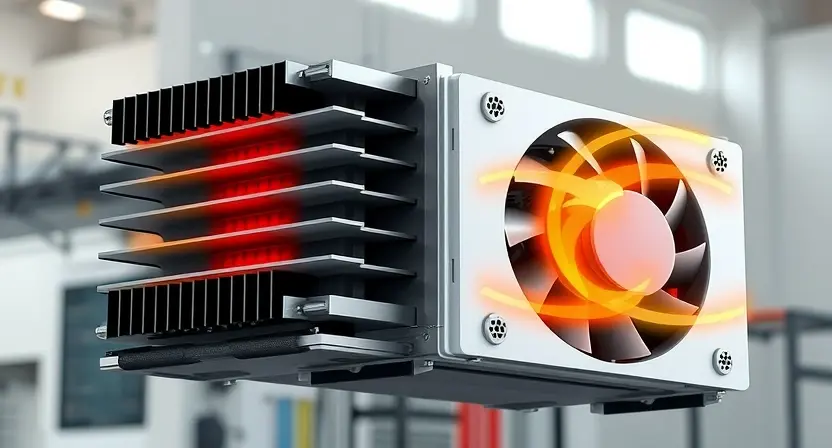 A detailed illustration of an inverter module with visible heat dissipation components (heatsink, fan). The module should be depicted in a clean, technical style, highlighting the airflow and heat transfer mechanisms. Include subtle visual cues indicating overheating, such as a slightly warmer color tone around the heat sink. The background should be a neutral, slightly blurred technical environment.