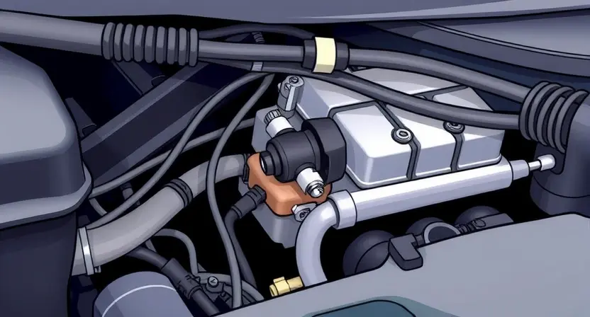 A detailed illustration of a car's engine bay, highlighting the oxygen sensor and related wiring. The image should focus on the sensor's location and connection points. Include subtle visual cues indicating a potential malfunction, such as a slightly discolored wire or a faint haze near the sensor. The overall composition should be clean and informative, suitable for a repair manual.