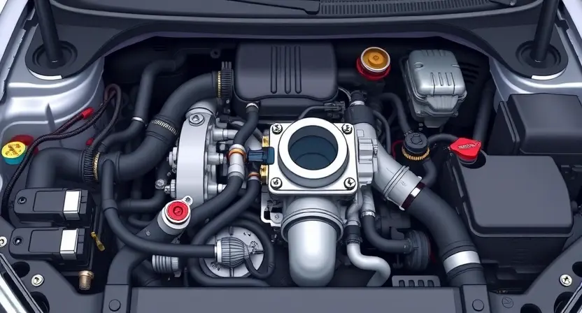 A detailed illustration of a car engine bay, focusing on the throttle body and related components. The engine should be clean and well-lit, showcasing the position and connections of the throttle body. Include visible hoses, wires, and sensors connected to the throttle body. The overall composition should be informative and visually clear, suitable for a repair manual or diagnostic guide.