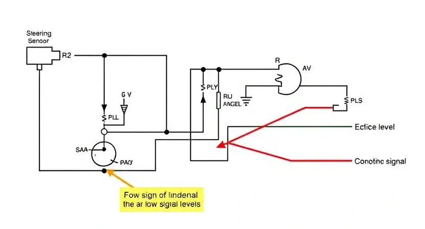 A detailed schematic diagram of an automotive steering angle sensor circuit. The diagram should clearly show the sensor, signal processing circuitry, wiring harness, and connector. Highlight potential areas of concern for low signal levels, such as damaged wires, corroded connectors, or loose connections. Include visual cues indicating a weak signal, like a faint line or a shaded area.