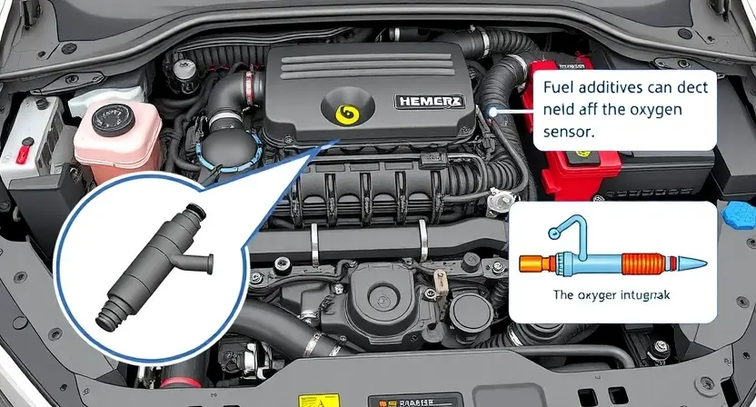 A detailed illustration of an engine bay with a focus on the fuel system. Include a close-up of the fuel injector and a diagram showing how fuel additives can affect the oxygen sensor. The engine should be a modern car engine.