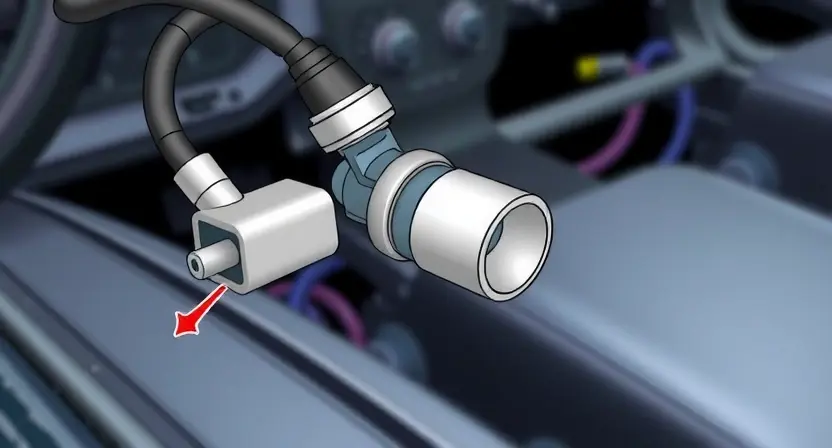 A close-up, detailed illustration of a car's fuel level sensor and associated wiring harness. The sensor should be clearly visible, along with the wiring connecting it to the car's electrical system. Focus on the connections and potential points of failure. The background should be a slightly blurred view of the car's interior, suggesting a diagnostic setting.