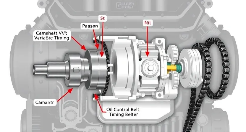 A detailed technical illustration of a variable valve timing (VVT) system in an internal combustion engine, showing camshaft, phaser mechanism, oil control valve, and timing chain or belt, with labeled components and arrows indicating oil flow and rotational movement, set against a clean mechanical background with subtle engine block outlines, in a professional engineering diagram style
