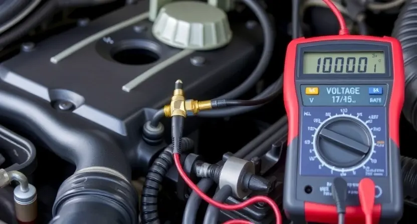 A close-up, detailed image of a car's engine bay. Focus on the engine coolant temperature sensor and its wiring. Include a multimeter connected to the sensor, displaying a voltage reading. The background should show other engine components, slightly blurred, to emphasize the sensor.