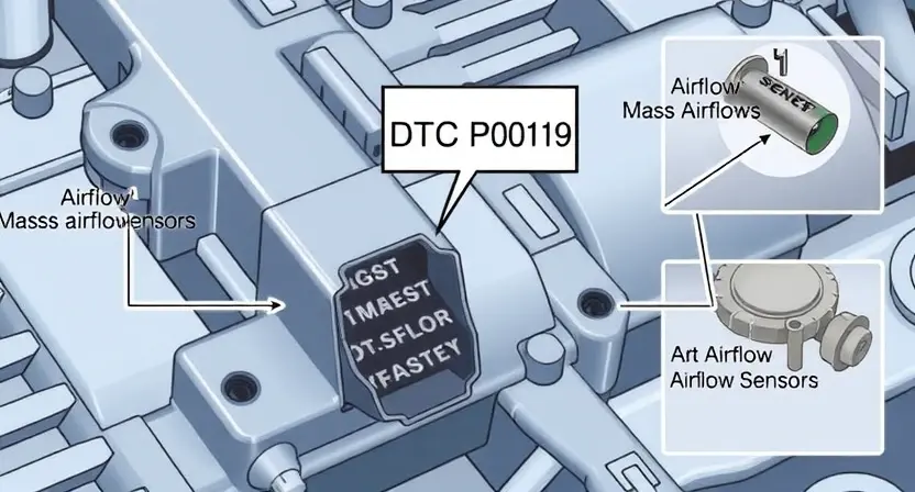 A close-up, detailed illustration of an engine control unit (ECU) with highlighted diagnostic trouble code (DTC) P0109. The ECU should be surrounded by subtle technical diagrams illustrating airflow and mass airflow sensors. Focus on the sensor itself, showing its connection points and internal components. The overall color palette should be muted and professional, using blues, grays, and whites to convey technical accuracy.