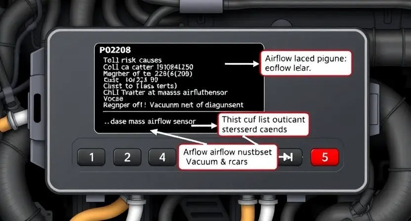 A detailed illustration of an automotive engine control unit (ECU) with various diagnostic codes and error indicators highlighted. The image should visually represent the P0208 code and its potential causes, such as a faulty mass airflow sensor or a vacuum leak. Focus on clarity and technical accuracy.
