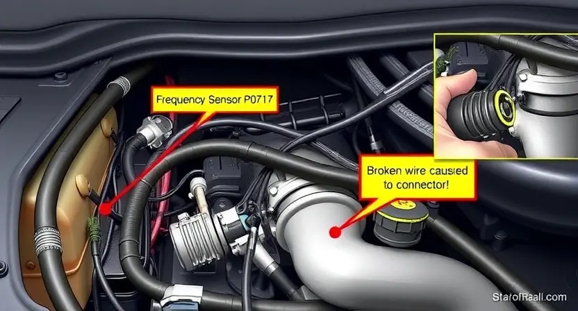 A detailed illustration of a car's engine bay, focusing on the area where the frequency sensor circuit is located. Show wiring, connectors, and the sensor itself. Highlight the potential causes of the P0717 error with visual cues like a broken wire or a faulty connector.