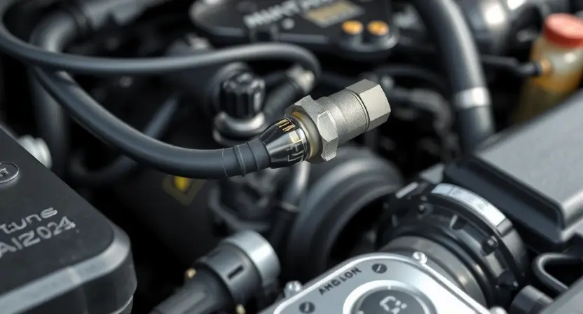 A close-up, detailed illustration of a car's engine bay, focusing on the coolant temperature sensor and surrounding components. The sensor should be clearly visible, with hoses and wiring connected. The overall scene should convey a sense of automotive mechanics and diagnostics. The engine should appear clean and well-maintained.