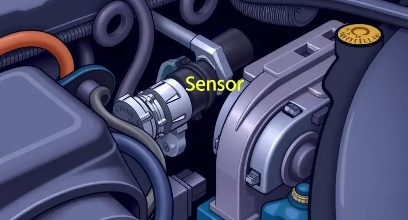 A close-up, detailed illustration of a car engine bay, focusing on the oxygen sensor and its wiring. The sensor should be clearly visible, along with the surrounding engine components. The image should convey a sense of technical precision and clarity, highlighting the sensor's position and connection points.