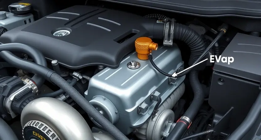 A close-up, detailed illustration of a car engine bay with a focus on the evaporative emissions control system (EVAP). Highlight the charcoal canister, vent valve, and associated hoses. The engine should appear clean and well-maintained. Use realistic lighting to showcase the components' textures and metallic surfaces.