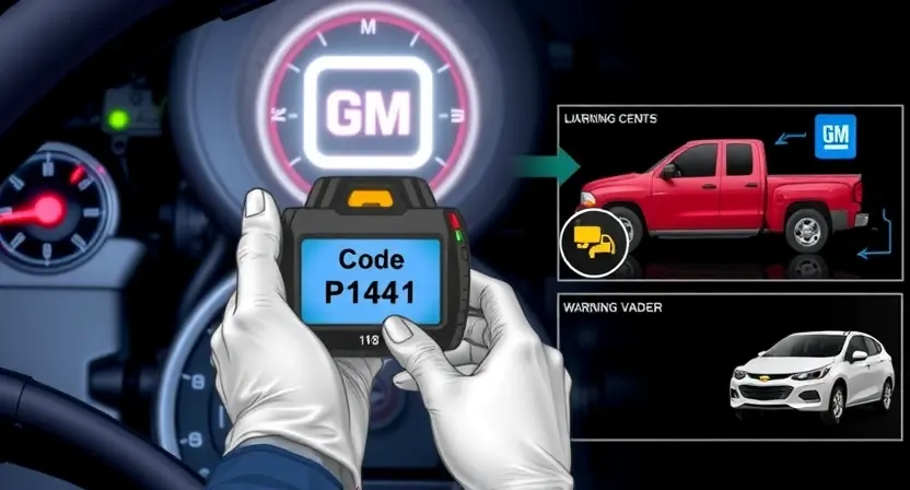 A high-quality technical illustration showing a car engine with a glowing check engine light on the dashboard, a mechanic's hand holding a diagnostic scanner displaying code P1441, and a split-screen view of a GM and Chevrolet vehicle with warning symbols, all rendered in a clean, professional style with detailed mechanical components and clear visual explanations of the error code