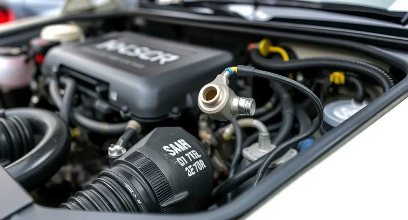 A close-up, detailed image of a car's engine bay. Focus on the oxygen sensor and related wiring. The engine should be clean and well-maintained. The background should be slightly blurred, suggesting a garage or workshop environment. The lighting should be bright and even, highlighting the components.