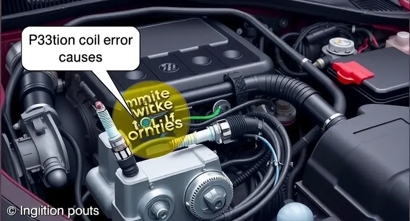 A detailed illustration of a car engine with a highlighted ignition coil, showing the components involved in the P2301 error code. The image should depict the engine bay with the ignition coil and related wiring clearly visible, emphasizing the potential causes of the error such as damaged wiring, faulty coil, or misfiring spark plugs.
