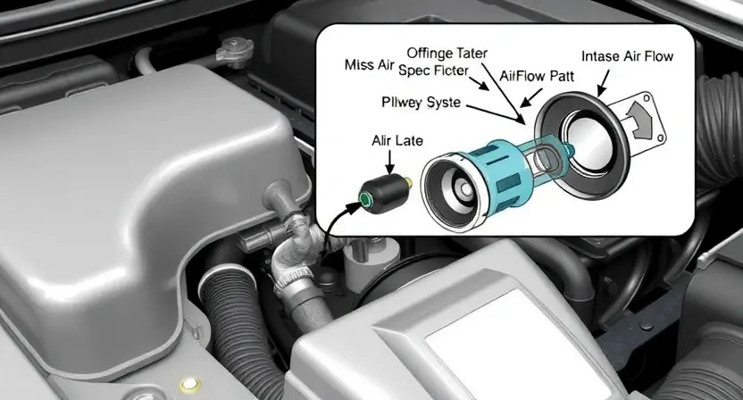 A detailed illustration of a car's engine bay, highlighting the Mass Air Flow (MAF) sensor. Show the sensor's location within the intake system, with visible wiring connections. Include a schematic overlay showing the airflow path and the sensor's internal components. Focus on the sensor itself and its immediate surroundings. The image should convey technical accuracy and clarity.