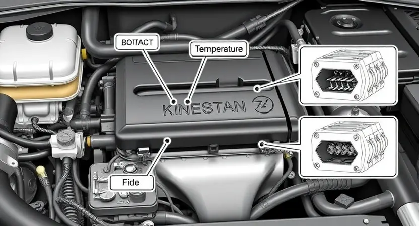 A detailed illustration of an automotive engine bay, focusing on the temperature sensor. The sensor should be clearly visible, with labels indicating its function and connection points. Include diagrams showing the sensor's location relative to other engine components. The overall style should be technical and informative, suitable for a repair manual.